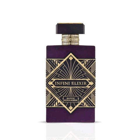 Maison Alhambra Infini Elixir Eau de Parfum spray 100ml bottle with elegant packaging and gold accents.