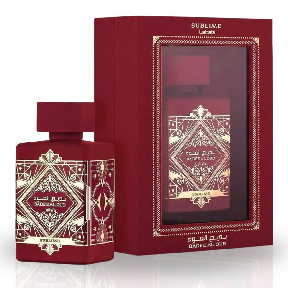 Intense Oud Bade'e Al Oud Sublime Eau de Parfum spray and deodorant spray in a value pack by Lattafa, featuring elegant packaging.