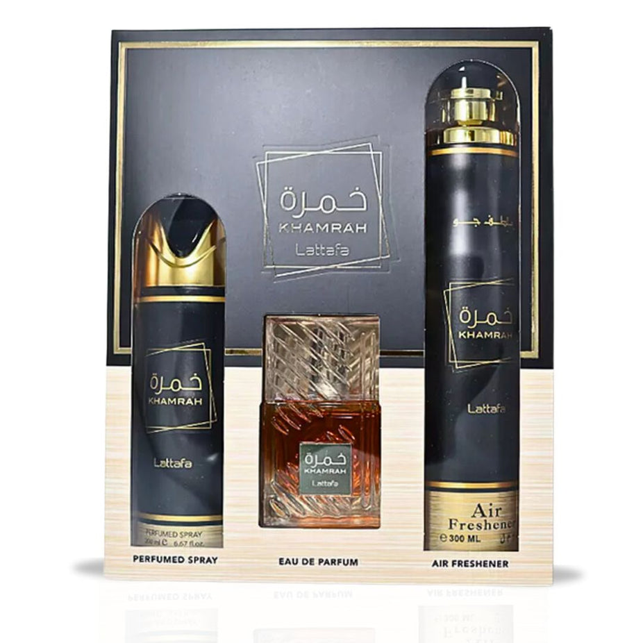Khamrah Gift Set EDP - 100ML, Perfumed Spray 200ML, Air Freshener 300ML | Gift Set by Lattafa - Intense Oud