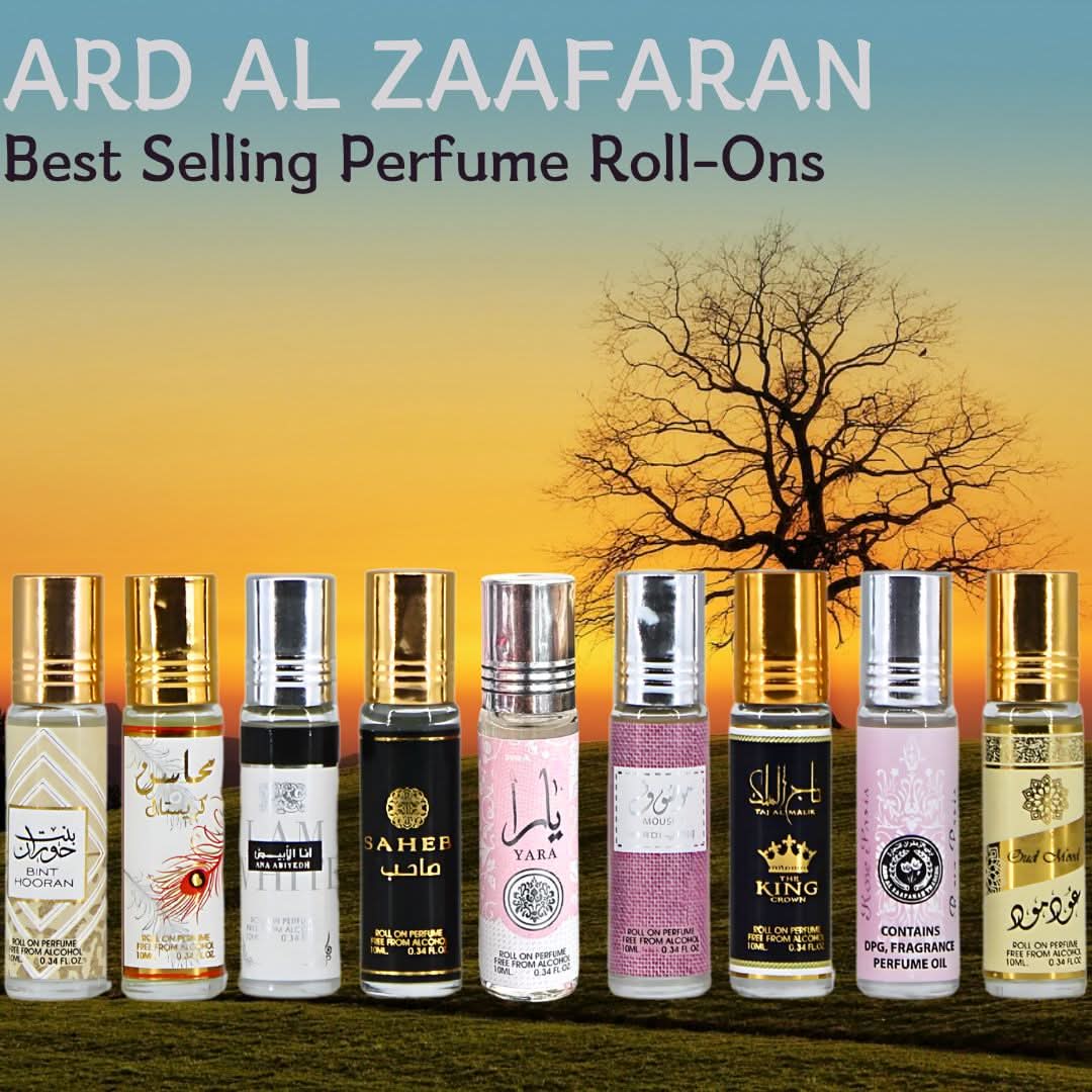 Set of nine Ard Al Zaafaran roll-on perfume oils in 10ml bottles, showcasing colorful packaging and elegant design.