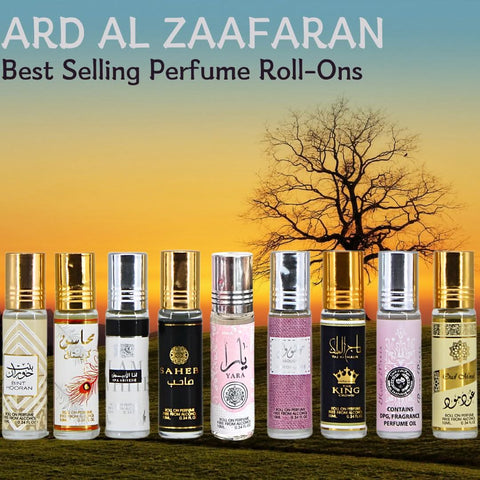 Set of nine Ard Al Zaafaran roll-on perfume oils in 10ml bottles, showcasing colorful packaging and elegant design.