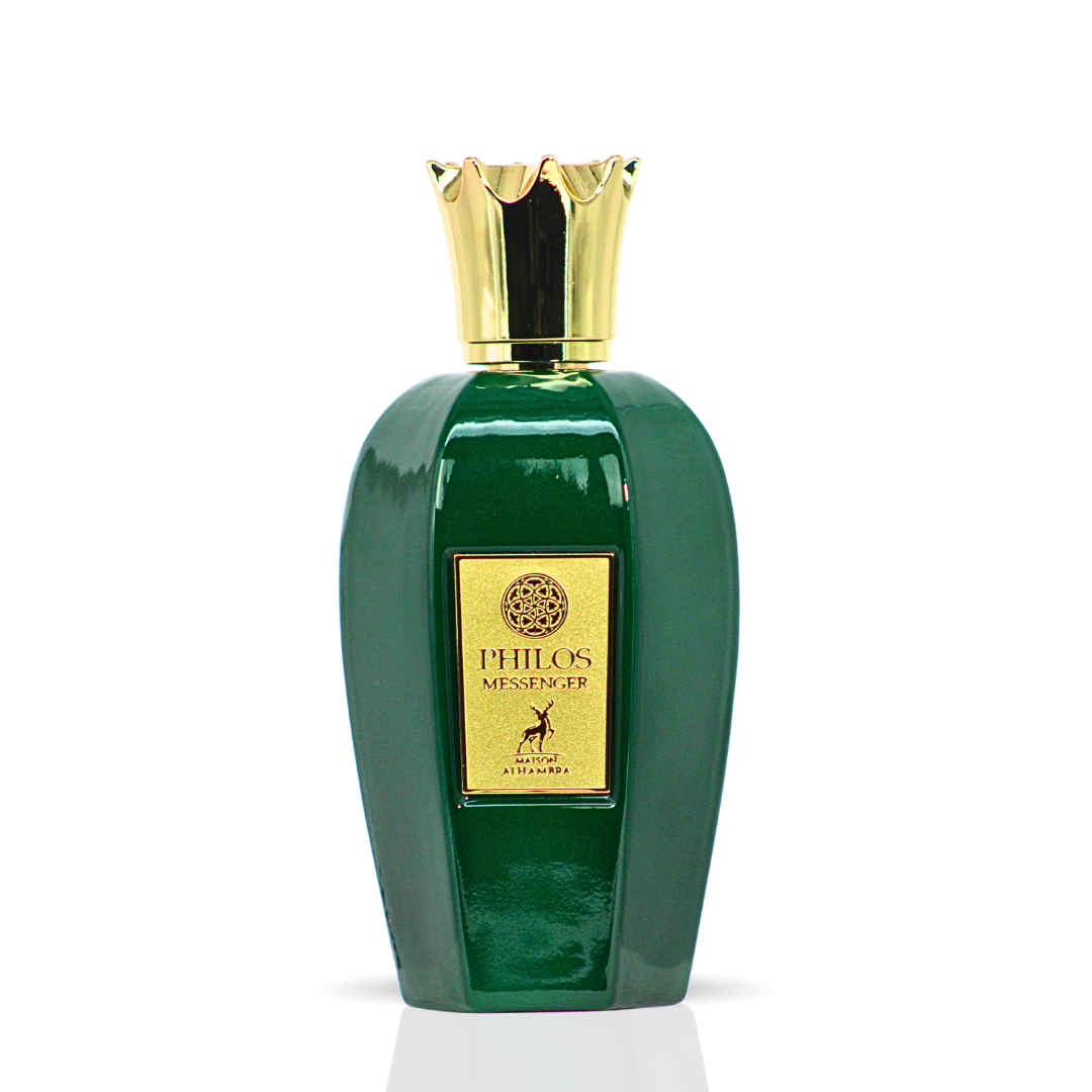 Maison Alhambra Philos Messenger Eau de Parfum spray 100ml with velvet pouch, elegant bottle and packaging in the image.