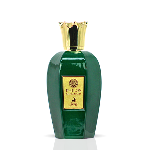 Maison Alhambra Philos Messenger Eau de Parfum spray 100ml with velvet pouch, elegant bottle and packaging in the image.