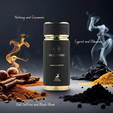 Maison Alhambra Sceptre Collection perfume spray bundle featuring Malachite, Amazonite, Oceana, Bronzite, and Desert Eau de Parfums 100ml.