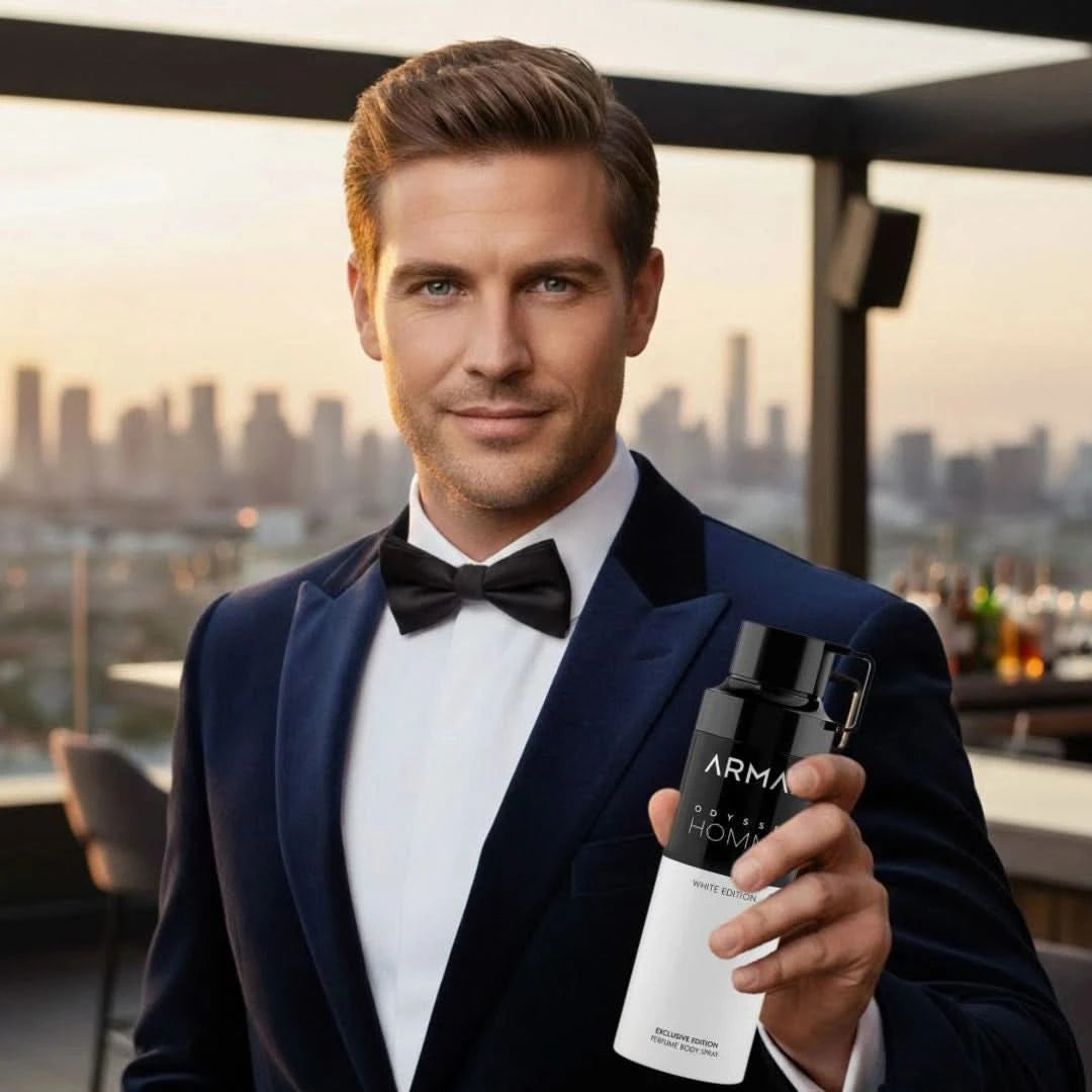 Odyssey Homme White Edition deodorant spray by Armaf, 200ml bottle with white packaging and spray nozzle.