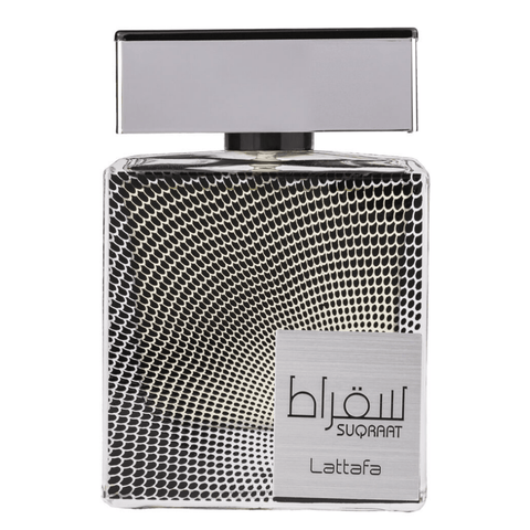 Lattafa Suqraat Eau de Parfum spray in a 100ml bottle, shown with a velvet pouch, featuring elegant perfume packaging.