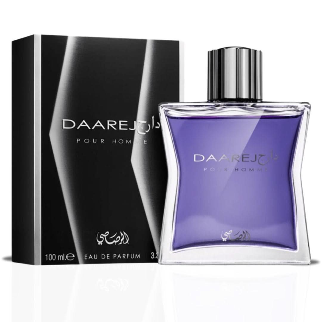 Bundle of Rasasi Hawas Ice and Daarej for Men Eau de Parfum sprays, 100ml bottles, featuring sleek glass containers.