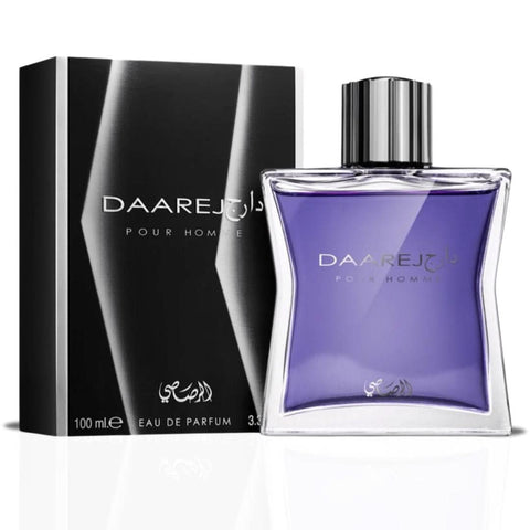 Bundle of Rasasi Hawas Ice and Daarej for Men Eau de Parfum sprays, 100ml bottles, featuring sleek glass containers.