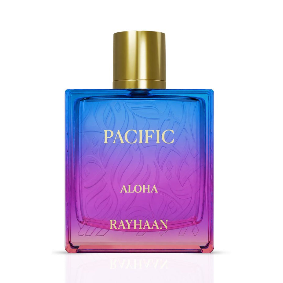 Rayhaan Pacific Aloha Eau de Parfum spray 100ml bottle, featuring elegant packaging and the fragrance bottle with floral design.