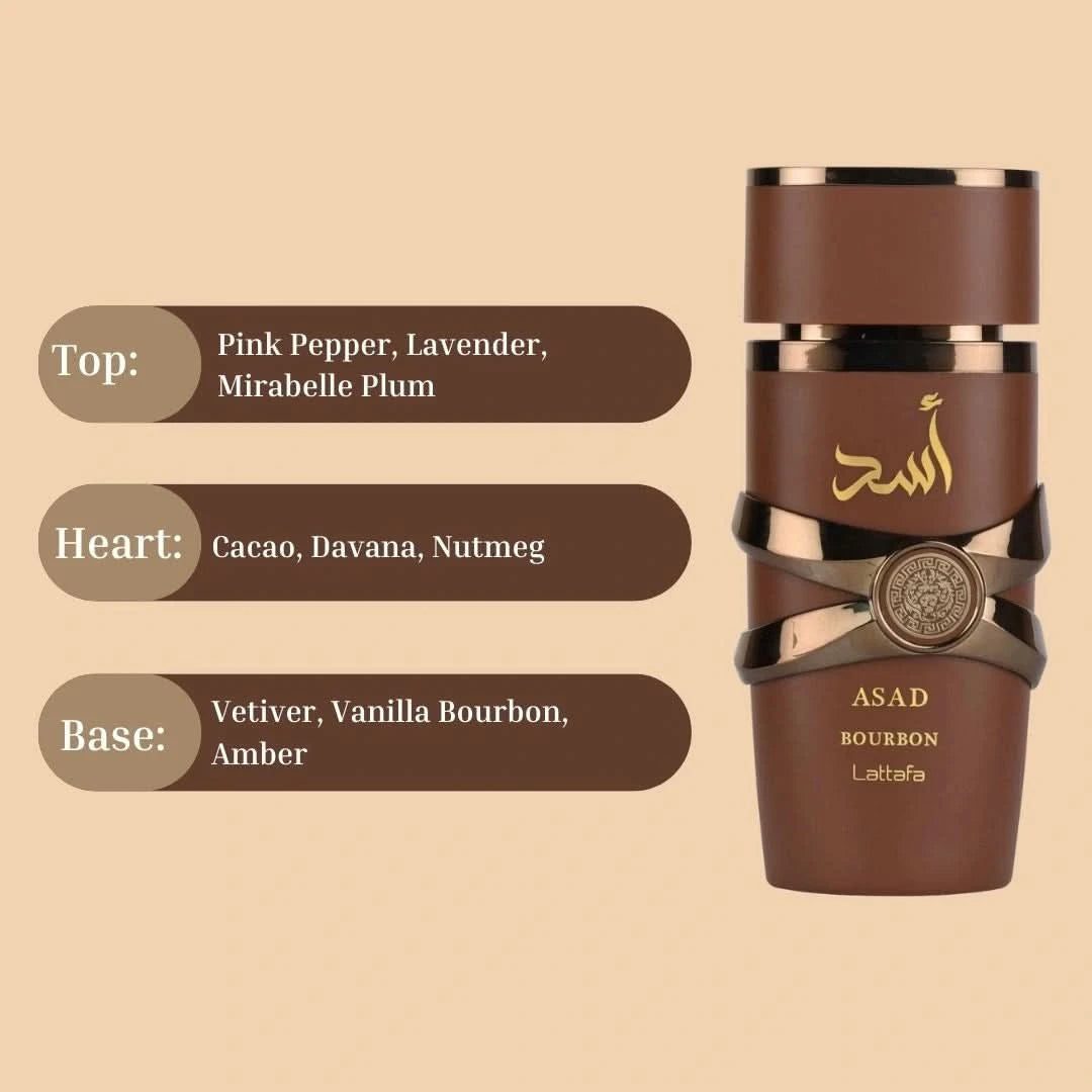 Lattafa Asad Bourbon Eau De Parfum spray 100ml with velvet pouch, featuring the perfume bottle and elegant packaging.