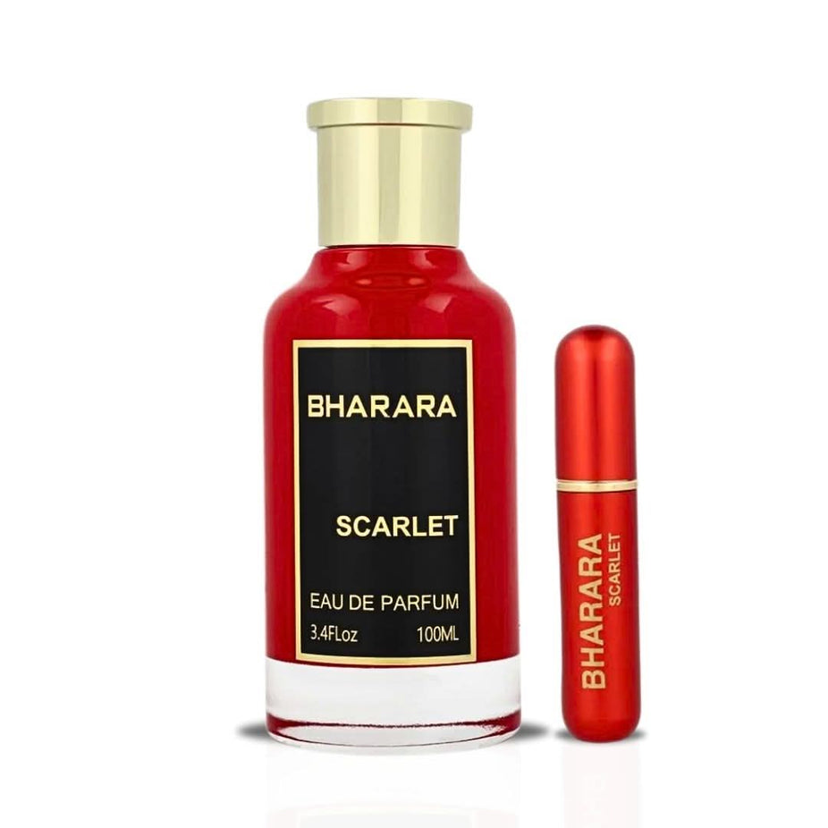 Bharara Scarlet Eau de Parfum spray bottle, 100ml, with elegant red and gold packaging, showcasing the BHARARA fragrance.