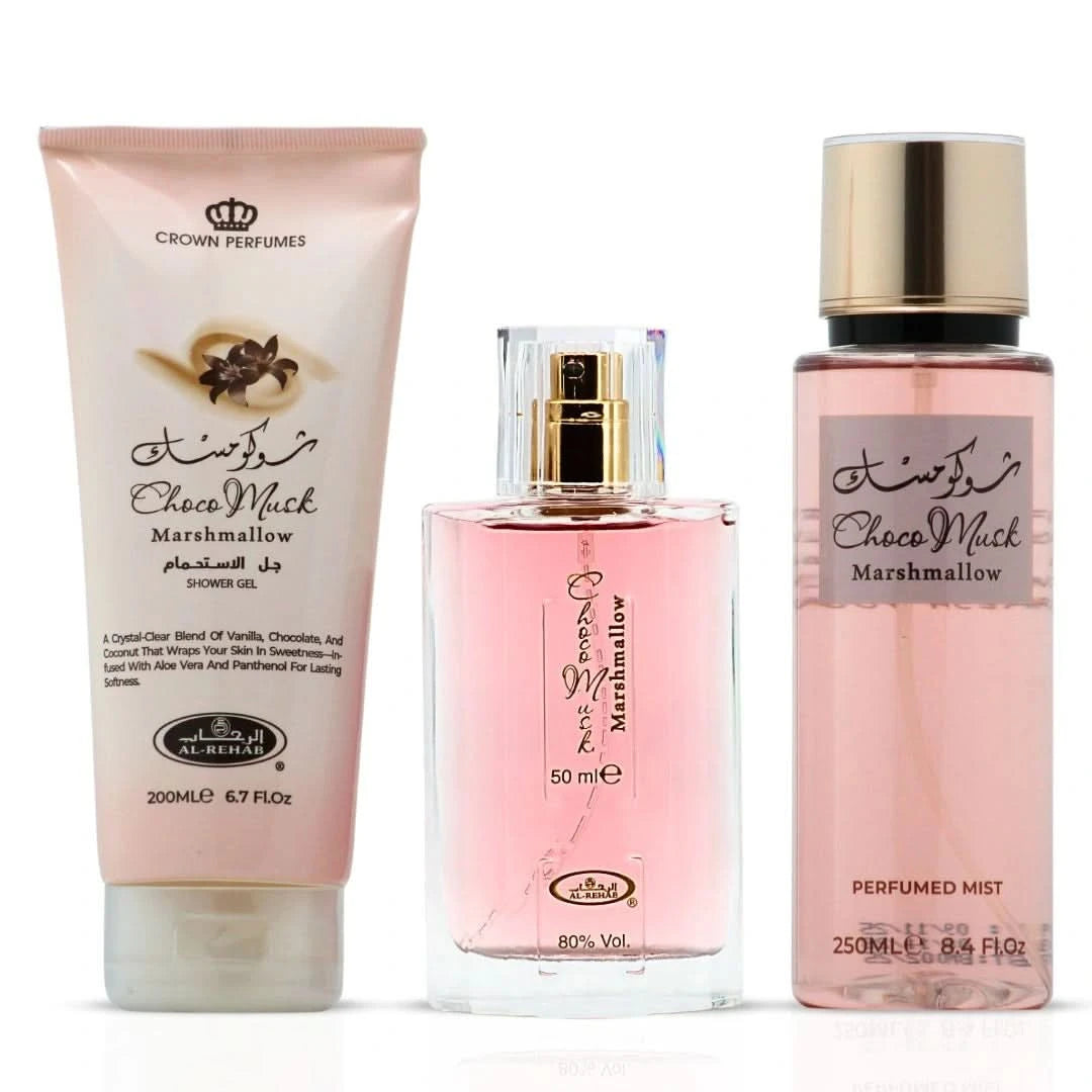 Al Rehab Choco Musk Marshmallow 3-piece perfume gift set with elegant bottles and packaging, perfect for gifting or personal use.