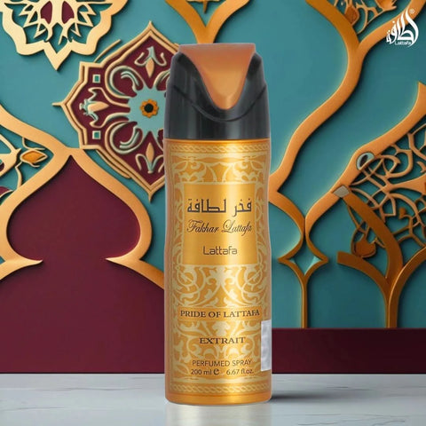 Lattafa Fakhar Gold deodorant spray 200ml bottle with gold and blue design, showcasing the product and branding.