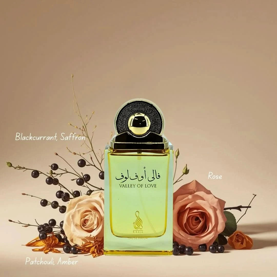 Bundle of RISALA Valley of Love, Valley of Gold, Rehat Al Zahoor & Hope Eau de Parfum sprays, 100ml bottles, with floral and oriental scents.