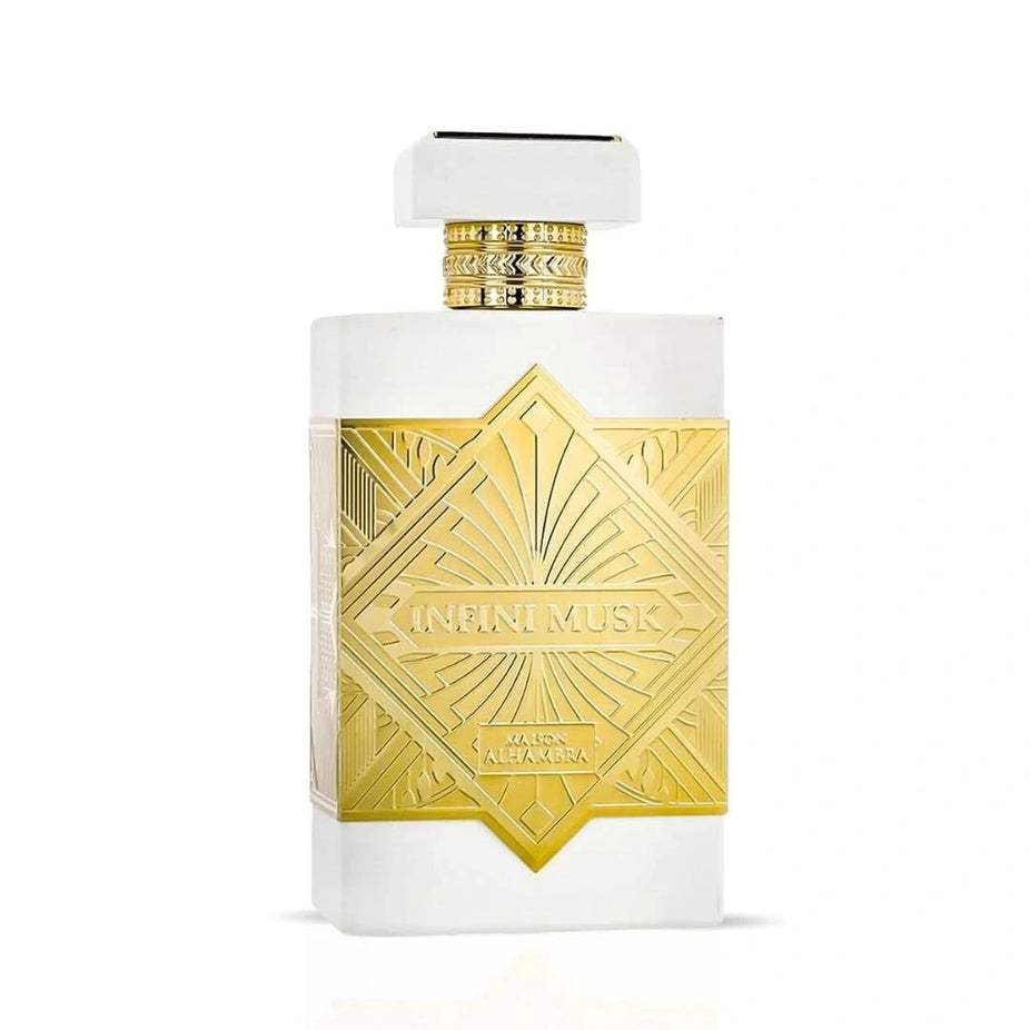 Maison Alhambra Infini Musk Eau de Parfum spray 100ml bottle, elegant design, showcasing the fragrance for men and women.
