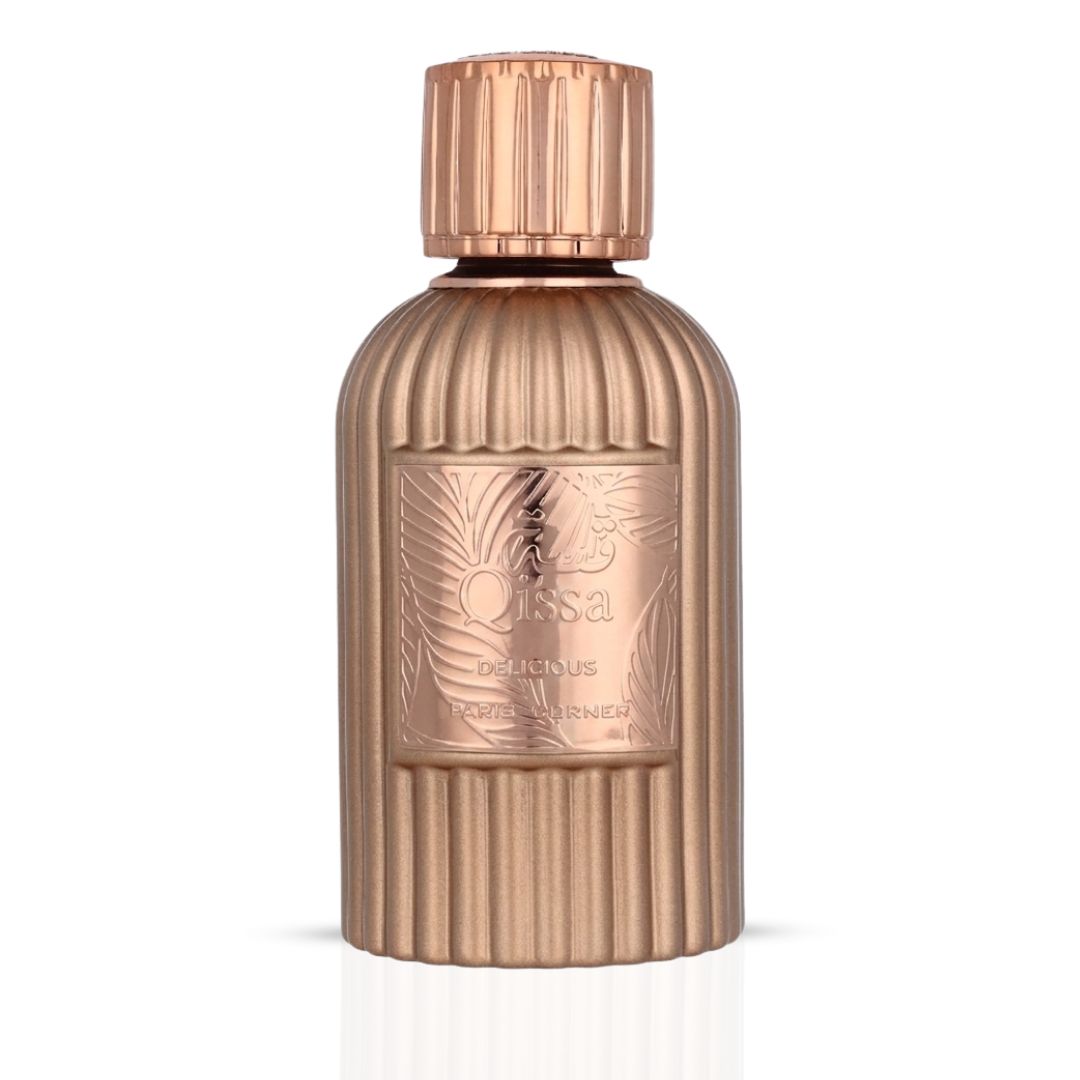 Qissa Delicious Eau de Parfum Spray 100ml by Paris Corner, featuring a sleek bottle with floral and fruity scent notes.