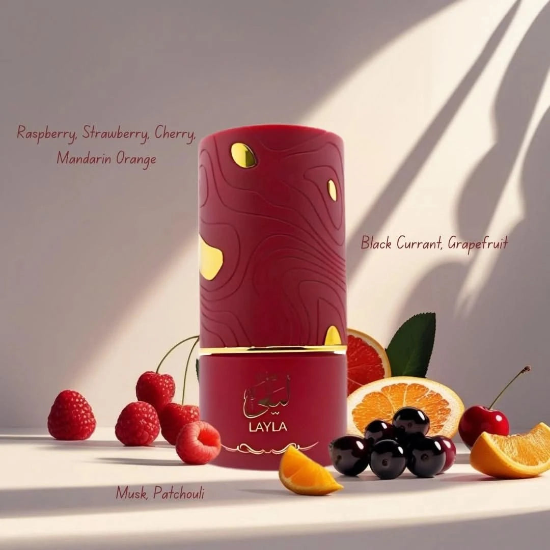 Al Absar Layla Eau de Parfum spray bottle 100ml, sleek design, with the perfume visible in the elegant packaging.