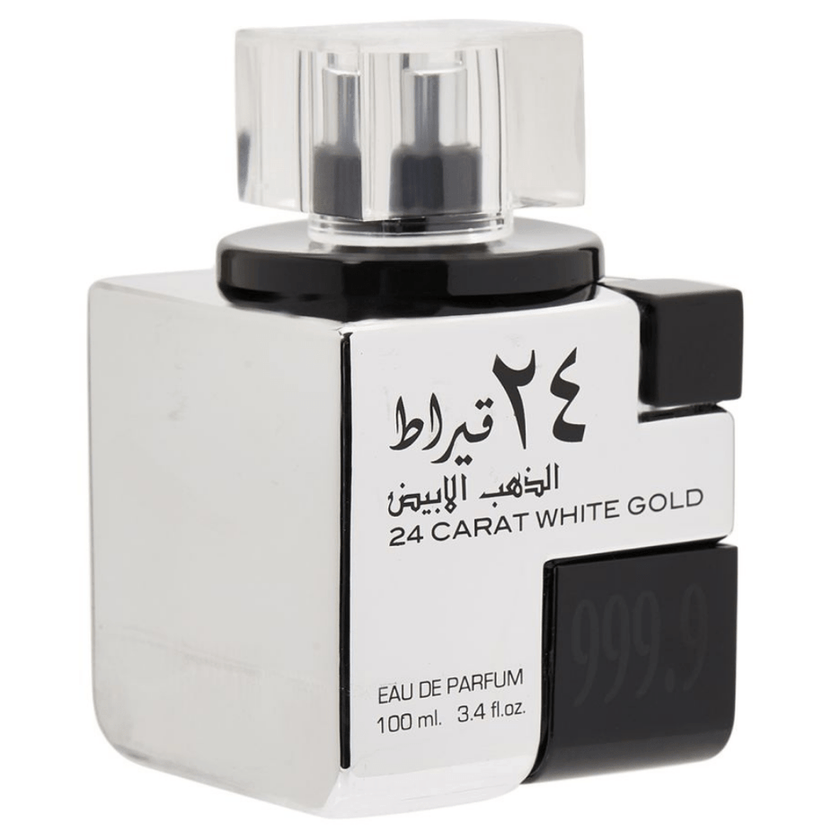 Lattafa 24 Carat White Gold Eau De Parfum 100ML bottle with elegant white gold packaging and scent details visible.