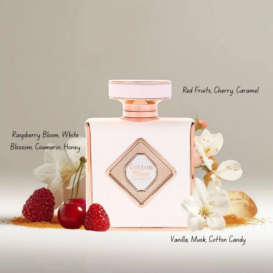Risala Cotton Bliss and Fruity Bliss Eau de Parfum sprays in 100ml bundle, featuring elegant bottles with colorful labels.