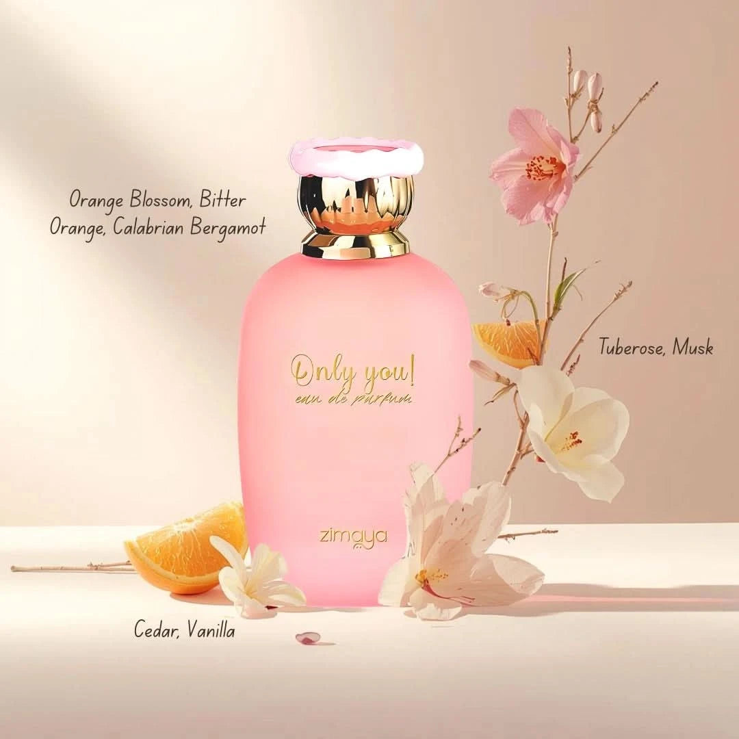 Zimaya Only You Eau de Parfum and Fatima Pink Extrait De Parfum bundle, 100ml each, featuring elegant perfume bottles.