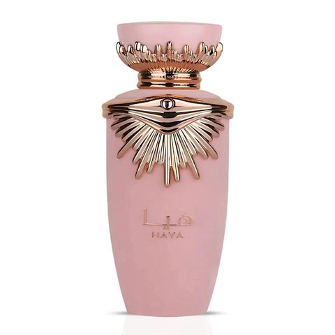 Lattafa Haya Eau de Parfum spray 100ml with velvet pouch, featuring elegant glass bottle and floral fragrance details.