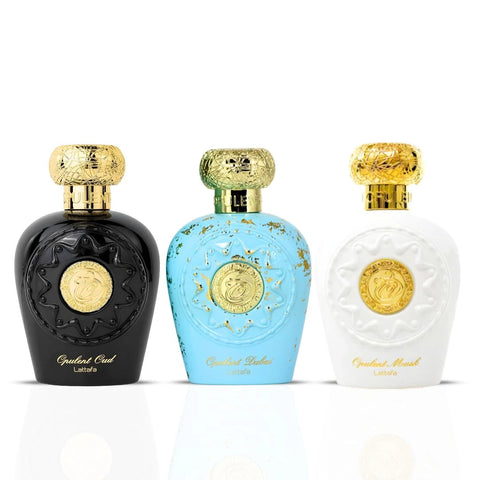 Opulent Oud, Opulent Musk & Opulent Dubai Eau de Parfum Sprays 100ml (3.4 oz) by Lattafa | Opulent. Unstoppable. Legendary. (Bundle) - Intense Oud