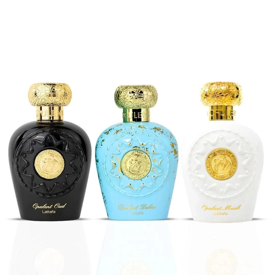 Lattafa Opulent Oud, Musk, Dubai Eau de Parfum sprays bundle, 100ml each, featuring elegant glass bottles with gold accents.