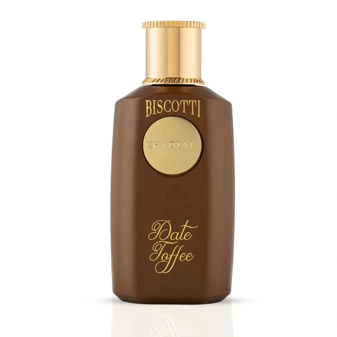 Khadlaj Biscotti Date Toffee Eau de Parfum spray bottle, 100ml, with elegant packaging and fragrance details.