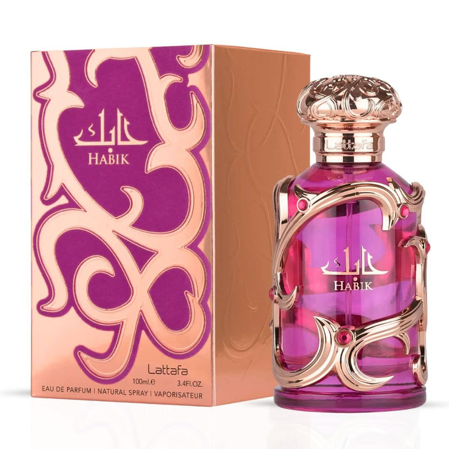 Lattafa perfume bundle featuring Mayar All Over Spray, Candelicious by Risala, Habik Women Eau de Parfum, and Twinkling Sun Oil.