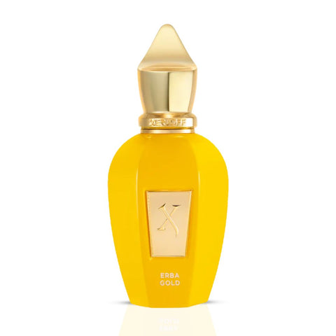 Xerjoff Erba Gold Eau de Parfum spray bottle, 100ml, with elegant gold packaging and sleek black cap.