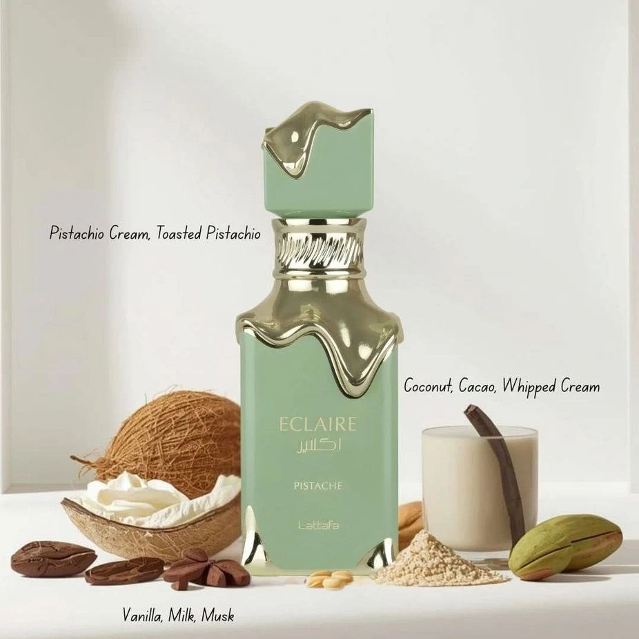 Bundle of two Lattafa Eclaire Pistache and Angham Eau de Parfum sprays, 100ml each, featuring elegant bottle designs.
