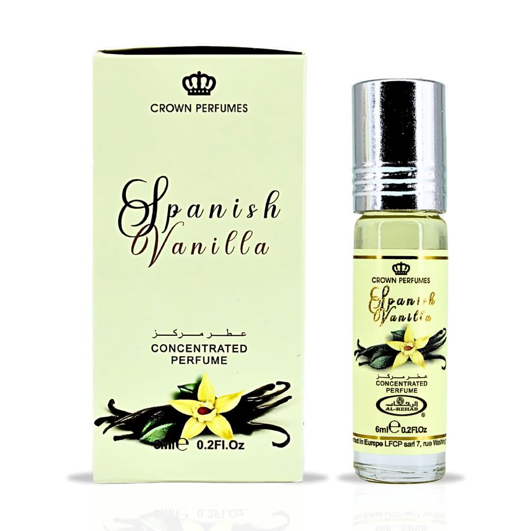 Al Rehab bundle of three 6ml perfume oils featuring Spanish vanilla and French coffee scents in small glass bottles.