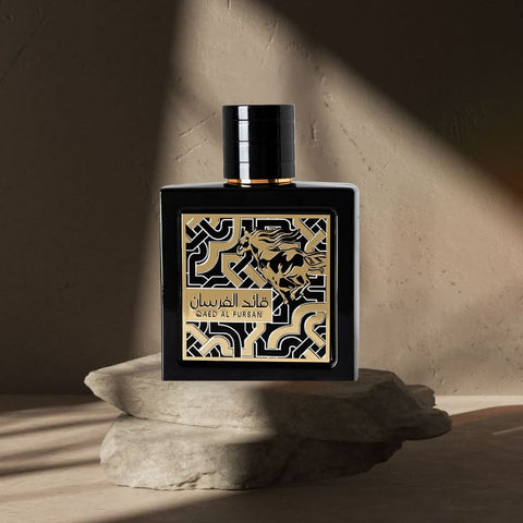 Lattafa Khamrah 100ml and Qaed Al Fursan 90ml eau de parfum spray bundle, featuring elegant fragrance bottles.