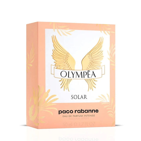 Paco Rabanne Olympea Solar Eau De Parfum Intense spray 50ml, elegant perfume bottle with gold accents and floral design.