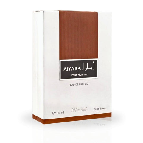 Rasasi Aiyara Pour Homme EDP spray 100ML bottle with luxurious, spicy woody scent and elegant packaging.