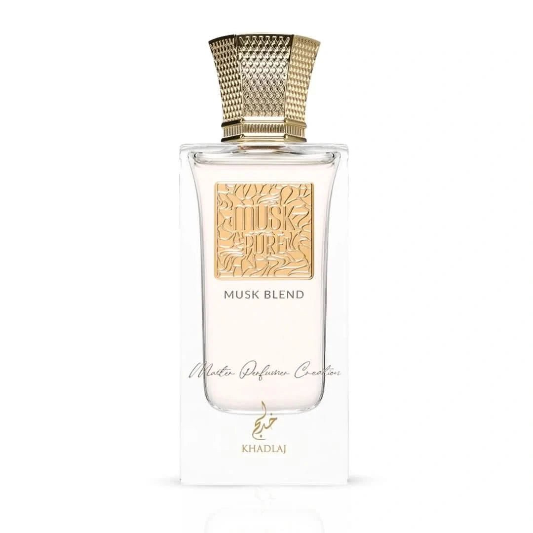 Khadlaj Musk Pure Musk Blend Eau de Parfum spray 60ml with velvet pouch, featuring a sleek glass bottle and elegant packaging.