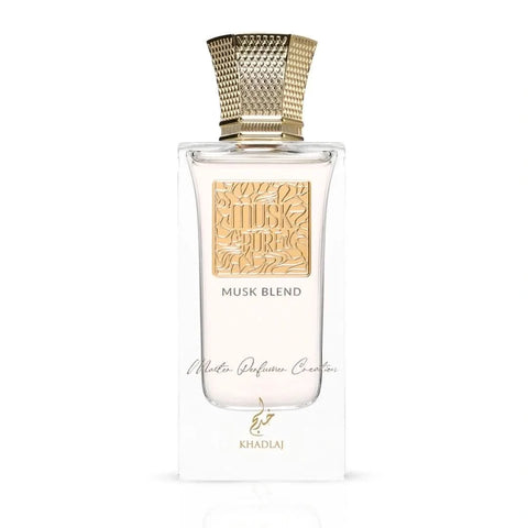 Khadlaj Musk Pure Musk Blend Eau de Parfum spray 60ml with velvet pouch, featuring a sleek glass bottle and elegant packaging.