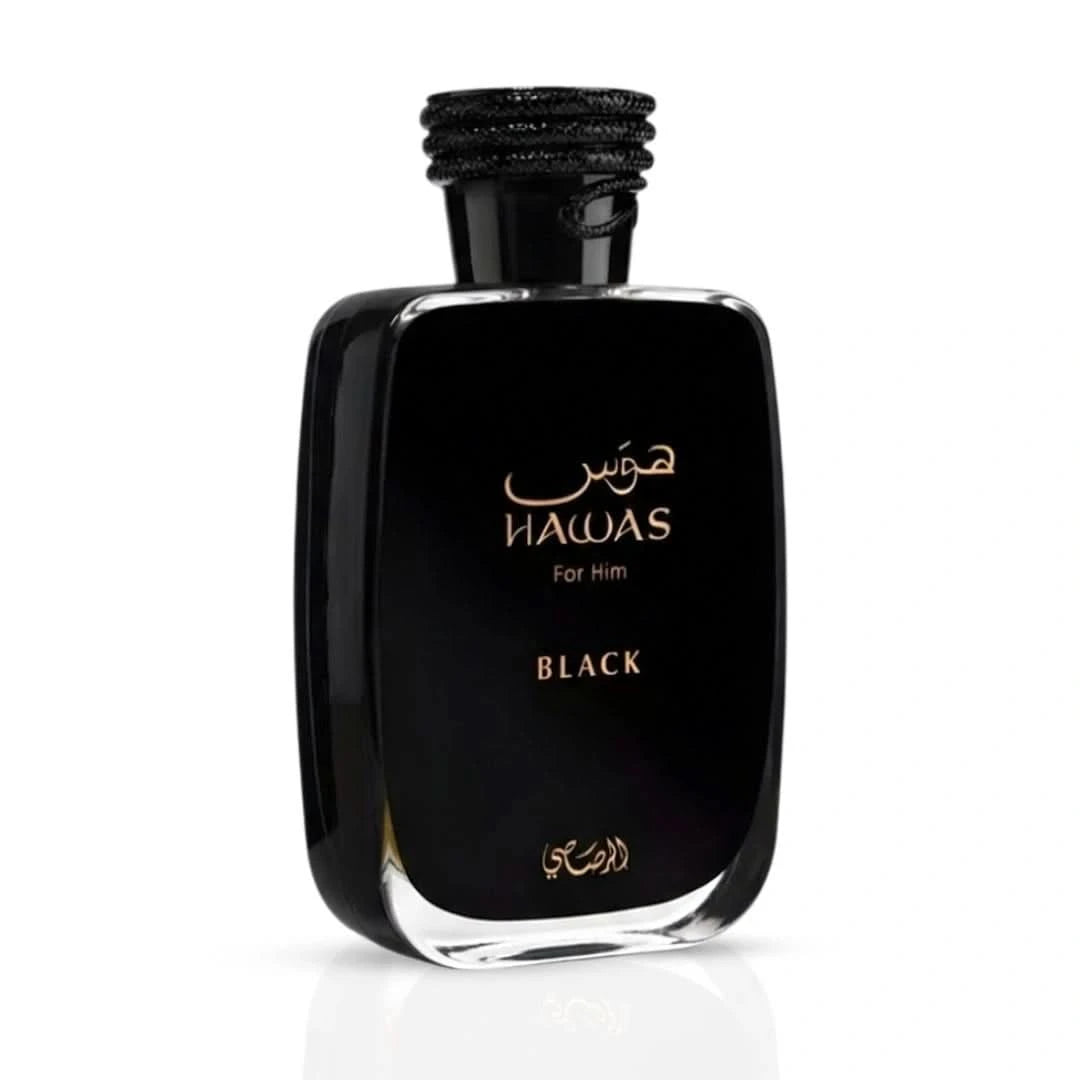 Rasasi Hawas Black Eau de Parfum spray bottle, 100ml, with sleek black packaging and elegant design.