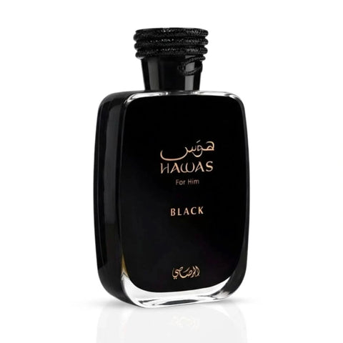 Rasasi Hawas Black Eau de Parfum spray bottle, 100ml, with sleek black packaging and elegant design.