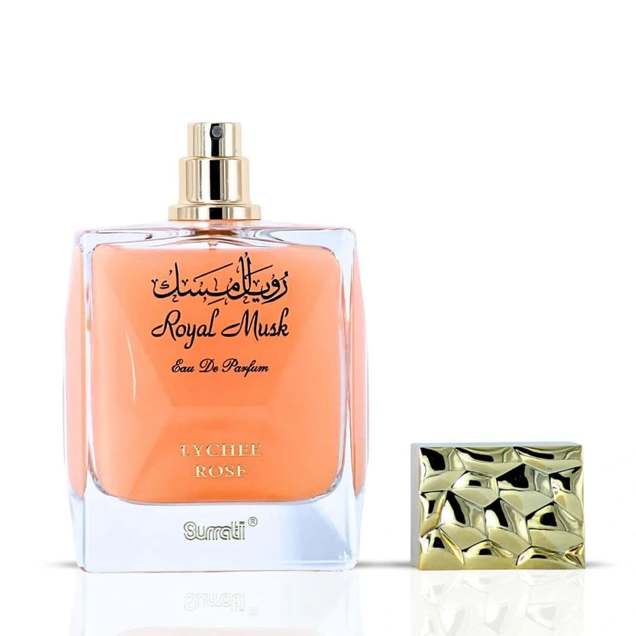 Surrati Royal Musk Lychee Rose Eau de Parfum spray bottle, 100ml, with floral and musky fragrance details visible.