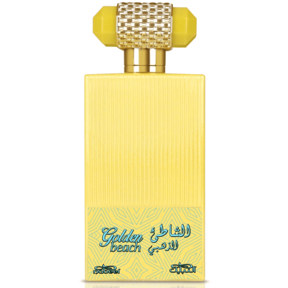 Golden Beach EDP by Nabeel Perfumes, 100 ML Eau De Parfum bottle with a sleek golden design and elegant cap.