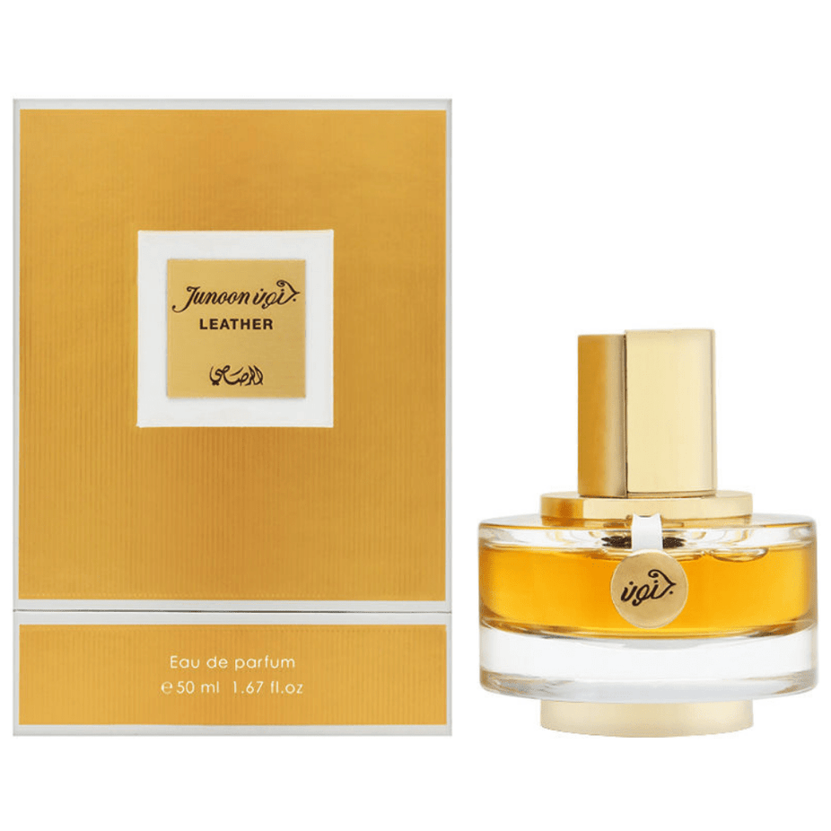 Rasasi Junoon Leather Women EDP 50ML bottle with elegant packaging, showcasing the luxurious leather fragrance design.