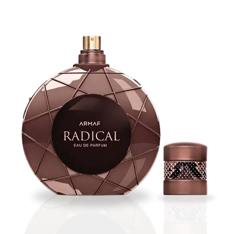 Armaf Radical Brown EDP spray 100ML, exotic fragrance bottle with a sleek design and rich brown color.