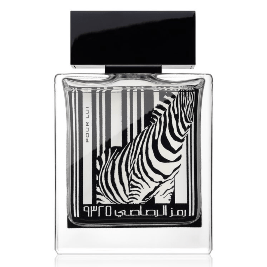 Rasasi Rumz Al Rasasi 9325 Pour Lui Eau de Parfum spray bottle, 50ml, featuring a sleek design with zebra print label.
