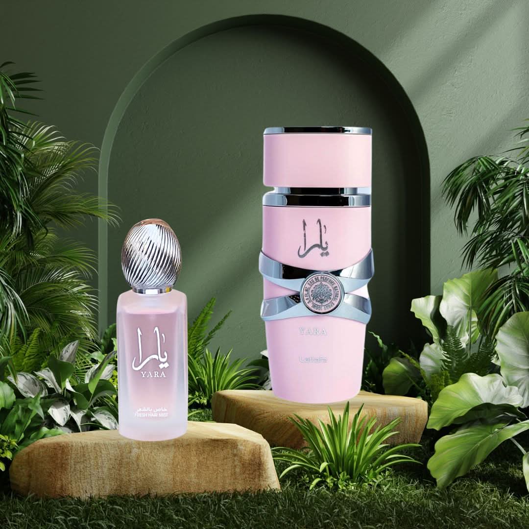 Lattafa Yara Eau de Parfum spray 100ml and Yara Fresh Hair Mist 50ml bundle, featuring elegant bottles with floral and fresh scents.