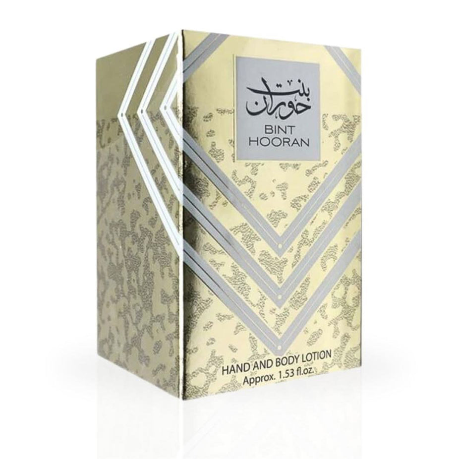 Bint Hooran hand and body lotion by Ard Al Zaafaran in a 45ml bottle, showing the lotion bottle with floral design.