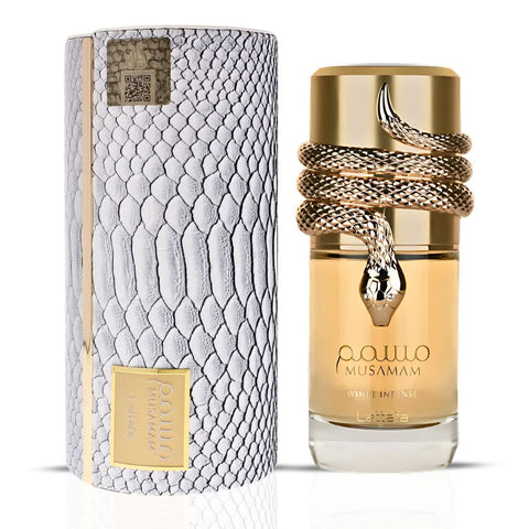 Bundle of two Lattafa Atheeri & Musamam White Intense Eau de Parfum sprays, 100ml each, with white bottles and elegant packaging.