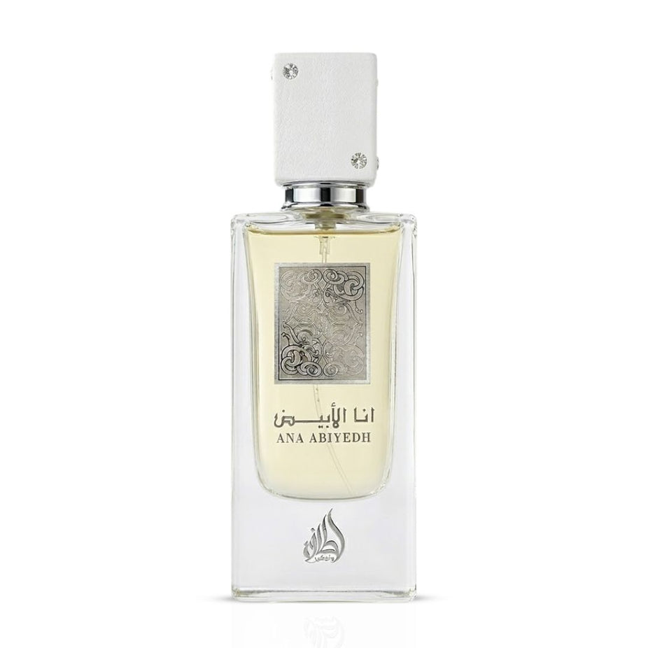 Lattafa Ana Abiyedh Eau de Parfum Spray 60ml with elegant bottle, showcasing a luxurious fragrance product.