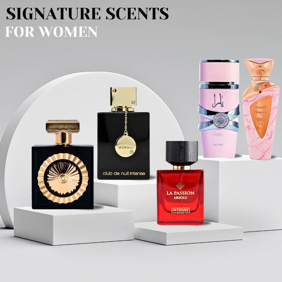 Collection of five Intense Oud Eau De Parfum sprays for women, including Yara, Nebras, Cleopatra, Club De Nuit Intense, and La Passion Absolu.