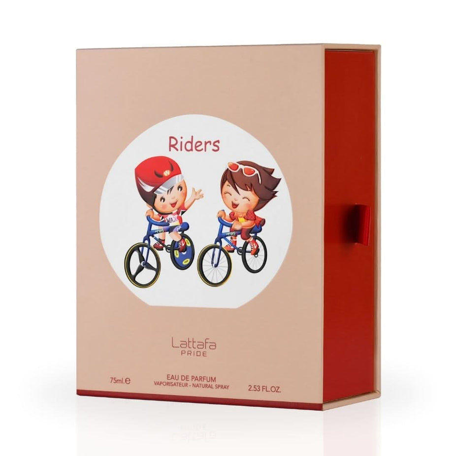 Lattafa Pride Riders for Kids Eau de Parfum spray 75ml showing the perfume bottle with colorful packaging and cap.